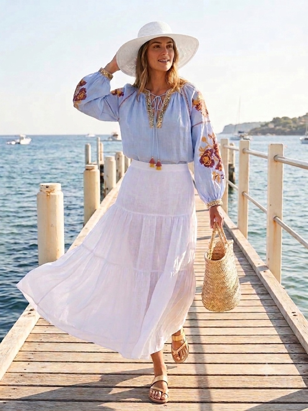 Rose and Rose Light Blue Embroidered Sequin Peasant Tunic